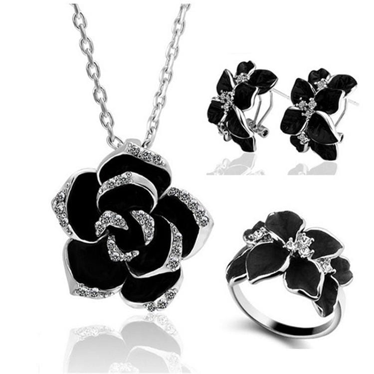 3 PCS/Set Fashion Camellia Black Enamel Ring Earrings and Necklace Jewelry Set (Silver)