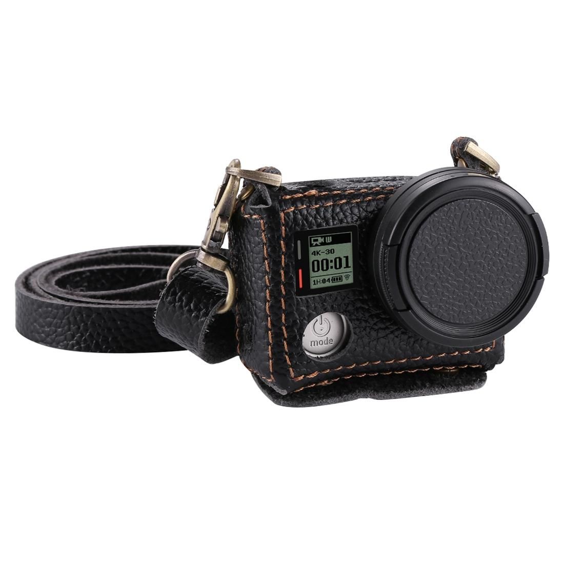 PULUZ for GoPro HERO4 Litchi Texture Genuine Leather Housing Case with Set Key Hole & Neck Strap & 40.5mm UV Lens (Black)