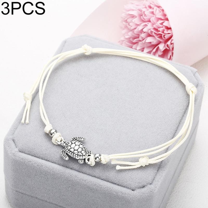 3 PCS Summer Beach Turtle Shaped Charm Rope String Anklets Women Ankle Bracelet (White)