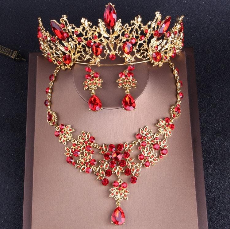 Baroque Vintage Gold Red Crystal Bridal Jewelry Sets (Necklace+Ear ring not have hole)