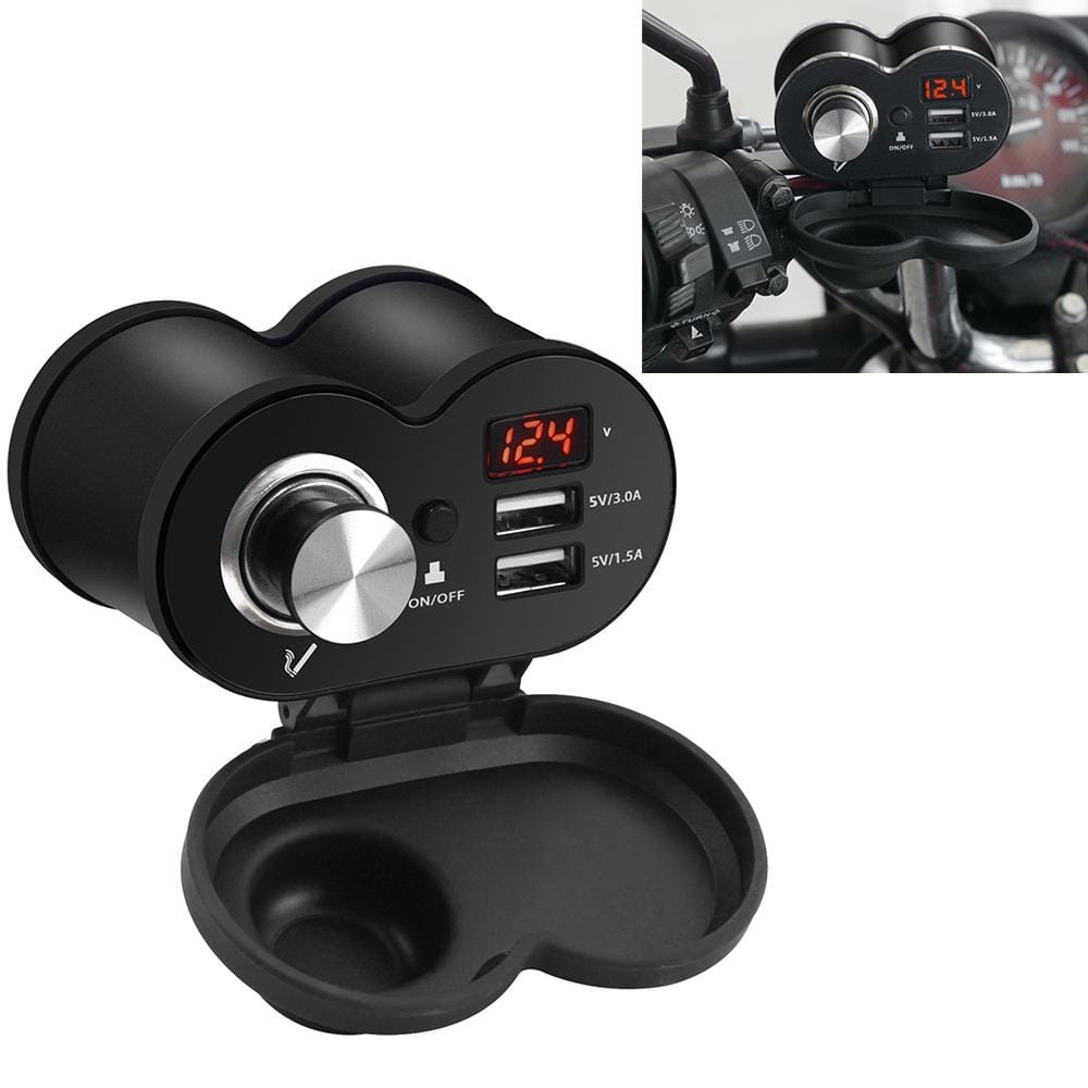 CS-834A1 Multi-function Motorcycle Waterproof Aluminium Alloy Mobile Phone Dual USB Charger Cigarette Lighter with Digital Display Switch (Black)