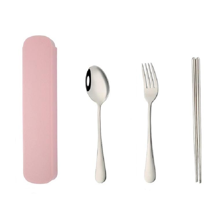 6 Boxes Stainless Steel Tableware Creative Portable Student Spoon Chopsticks Tableware Set, Style:3 PCS / Set (Pink)