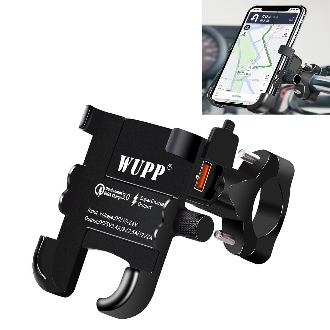WUPP Motorcycle Waterproof QC 3.0 USB Port Fast Charger Adapter Aluminum Alloy Handlebar Mount with Switch (Black)