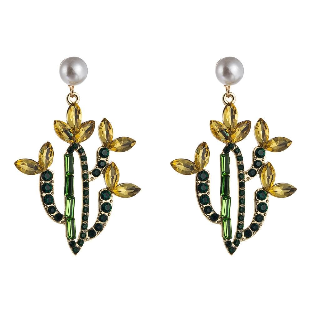 2 PCS Cactus Alloy Retro Earrings With Colored Rhinestones (Coffee)