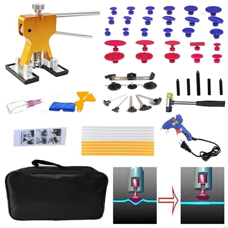 57 PCS Auto Car Metal PDR Dent Lifter-Glue Puller Tab Hail Removal Paintless Car Dent Repair Tools Kit, with 20W Glue Gun, US Plug or EU Plug