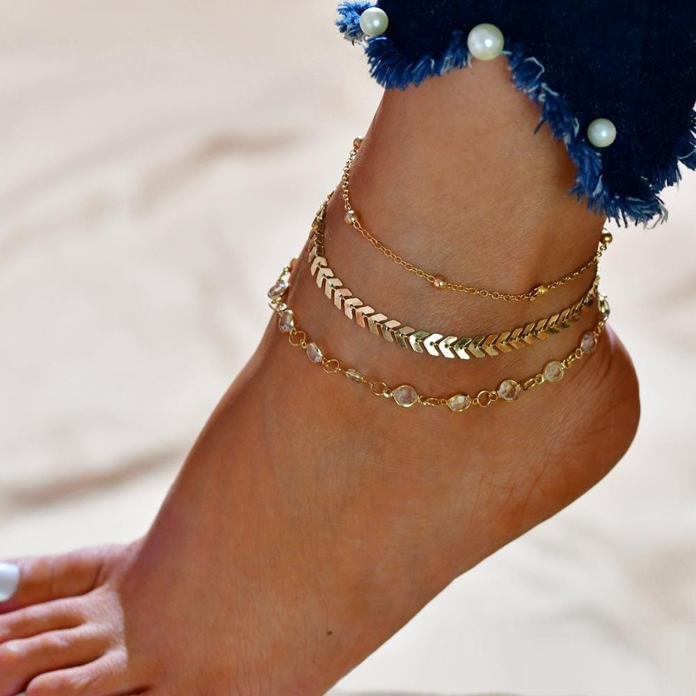 3 PCS/Set Antique Plated Handmade Anklet Bracelet Crystal Anklet Set (Gold)