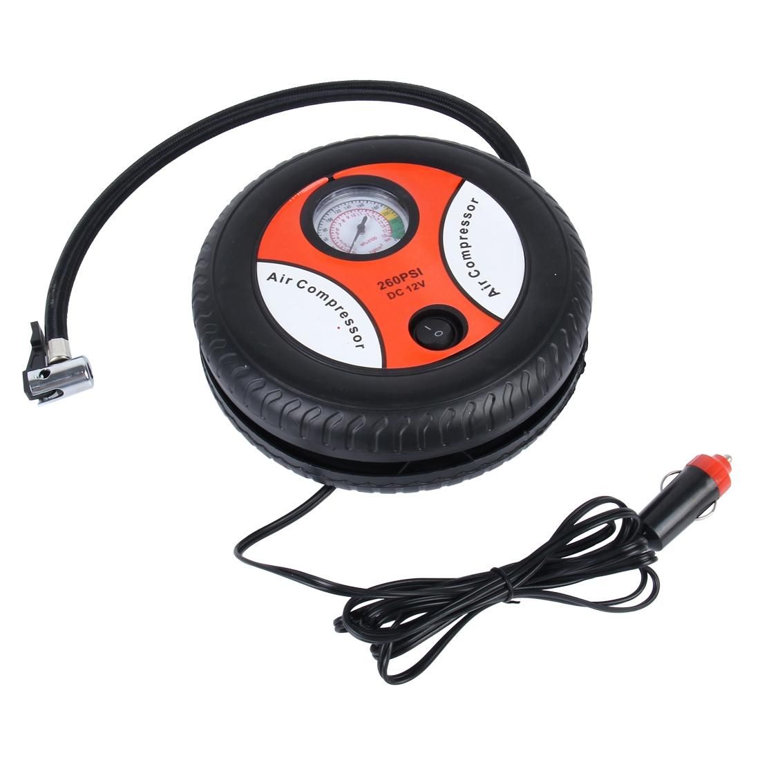 12V 10A Tire Shape Air Pump with Gauge and Three Nozzle Adapters Tire Inflator Compressor for Cars Vans Air Mattress Balls 250 PSI 25L/min