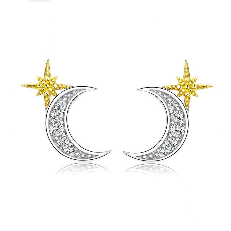 Gold-plated S925 Sterling Silver Star Moon Girls Earrings
