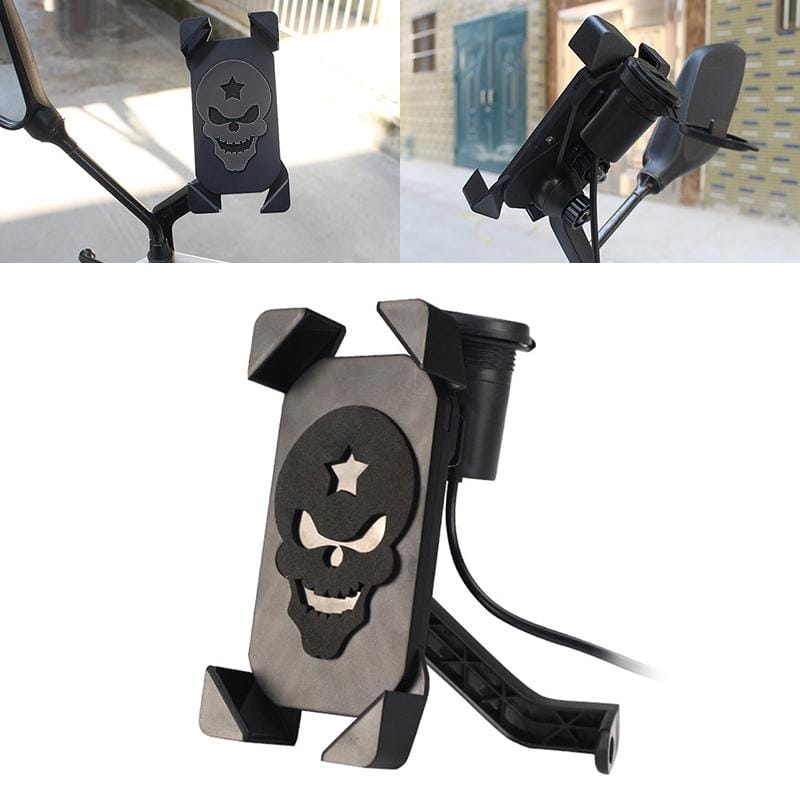Portable Motorcycle USB Charger Mobile Phone Holder, Rearview Mirror Version (Black)