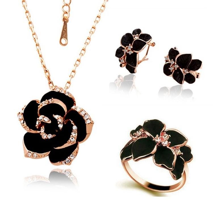 3 PCS/Set Fashion Camellia Black Enamel Ring Earrings and Necklace Jewelry Set (Gold)
