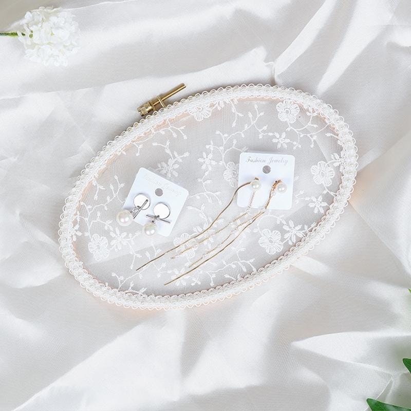 Oval Embroidery Shed Lace Pad Jewelry Rack Earrings Storage Display Stand, Lace Pearl Version, Size: L (Wood)