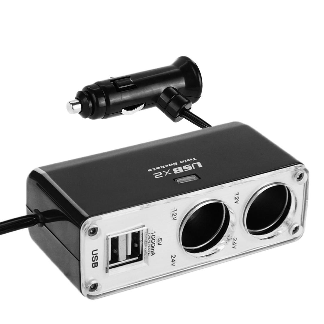 BM-003 5V/1A 2 USB Ports & 2 Cigarette Sockets Car Charger (Black)
