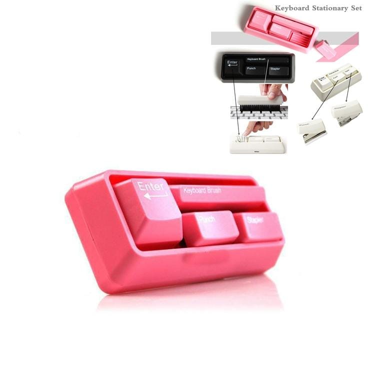 Multifunctional Keyboard Stationery Set Stapler Puncher (Pink)
