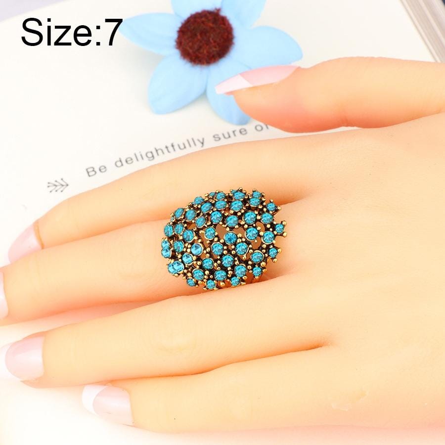 3PCS Women Charms Bohemia Jewelry Antique Resin Ethnic Rings, Ring Size:7 (Blue)