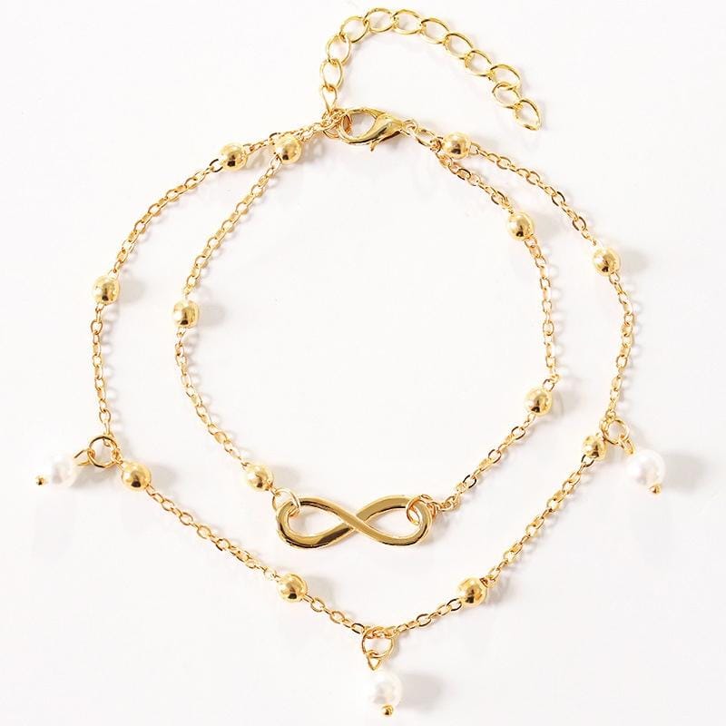 2 PCS Summer Style Gold/Silver Color Layered Chain Infinity Charm Anklets For Women Ankle Bracelet (Gold)