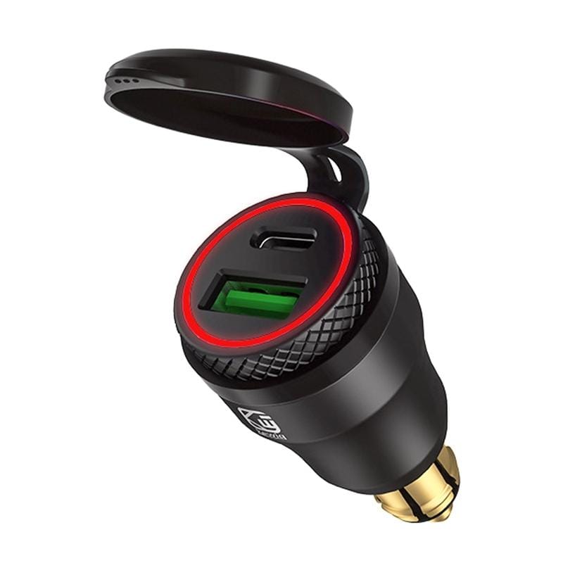 Motorcycle European-style Small-caliber Aluminum Alloy QC 3.0 + PD Fast Charge USB Charger, Shell Color:Black (Blue Light)