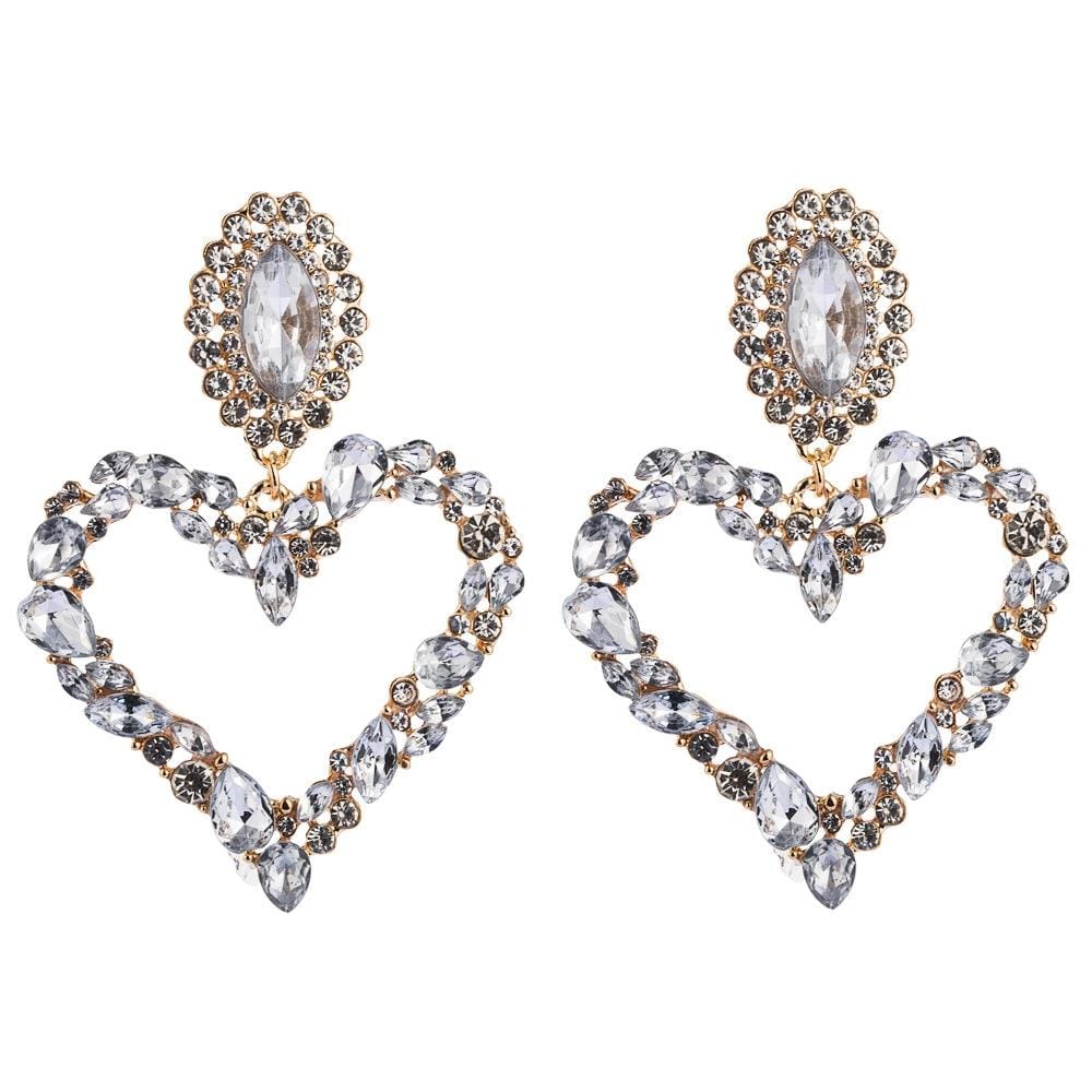 2 PCS Heart Shaped Alloy Retro Earrings With Colored Rhinestone Flashing Full Rhinestone Earrings (White)