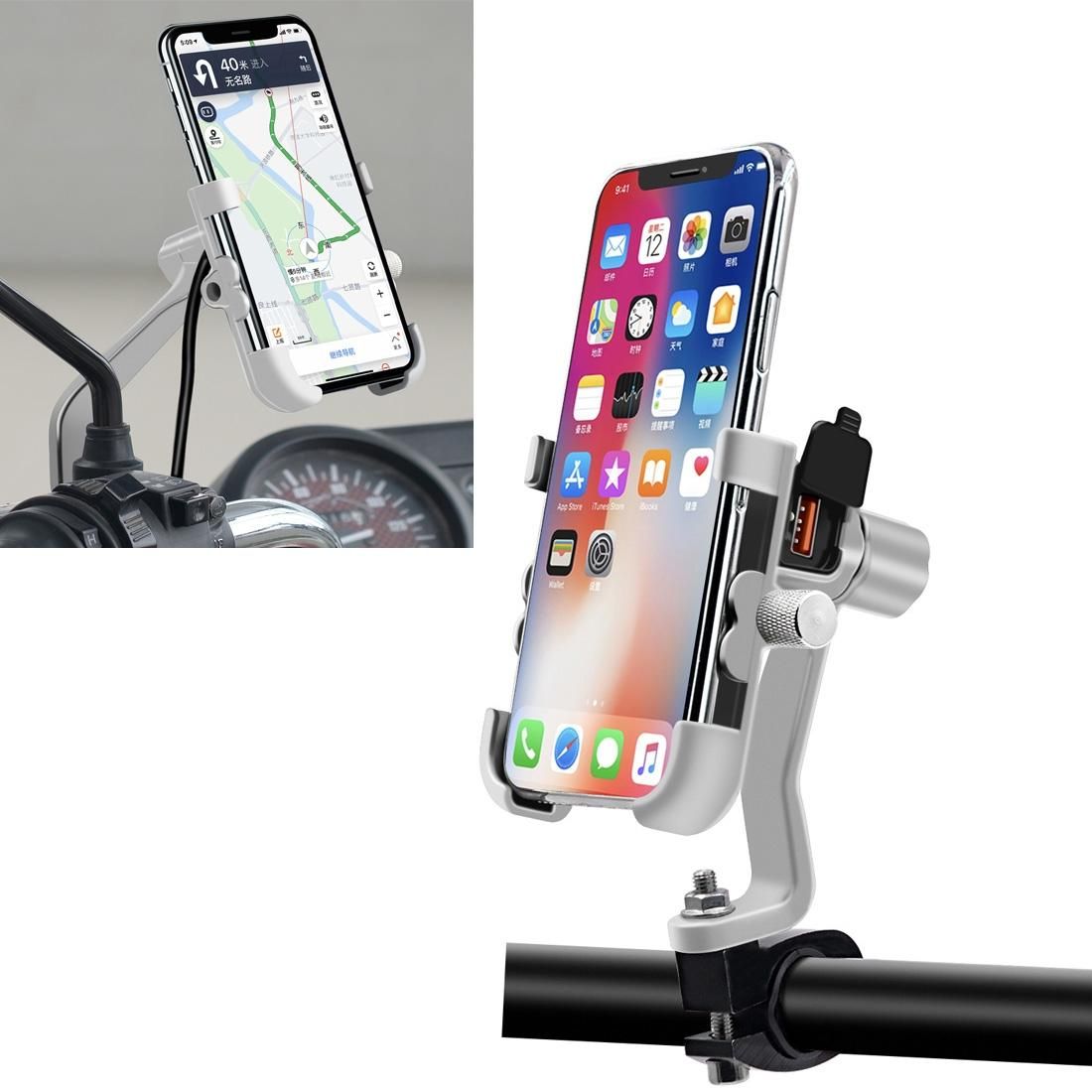 WUPP Motorcycle Waterproof QC 3.0 USB Port Fast Charger Adapter Aluminum Alloy Rearview Mirror Holder with Switch (Silver)
