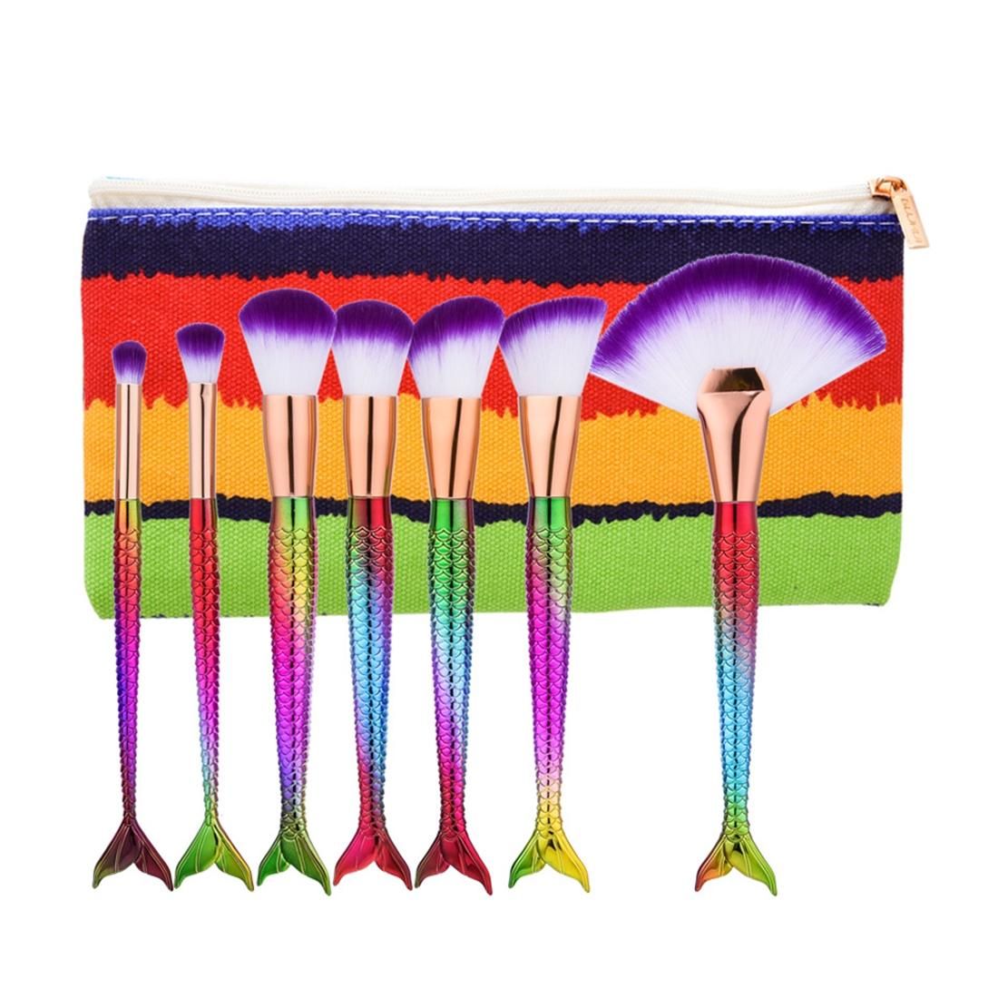 7 in 1 Mermaid Style Handle Makeup Brush Cosmetic Foundation Cream Powder Blush Makeup Tool with Portable Bag Set (Style2)
