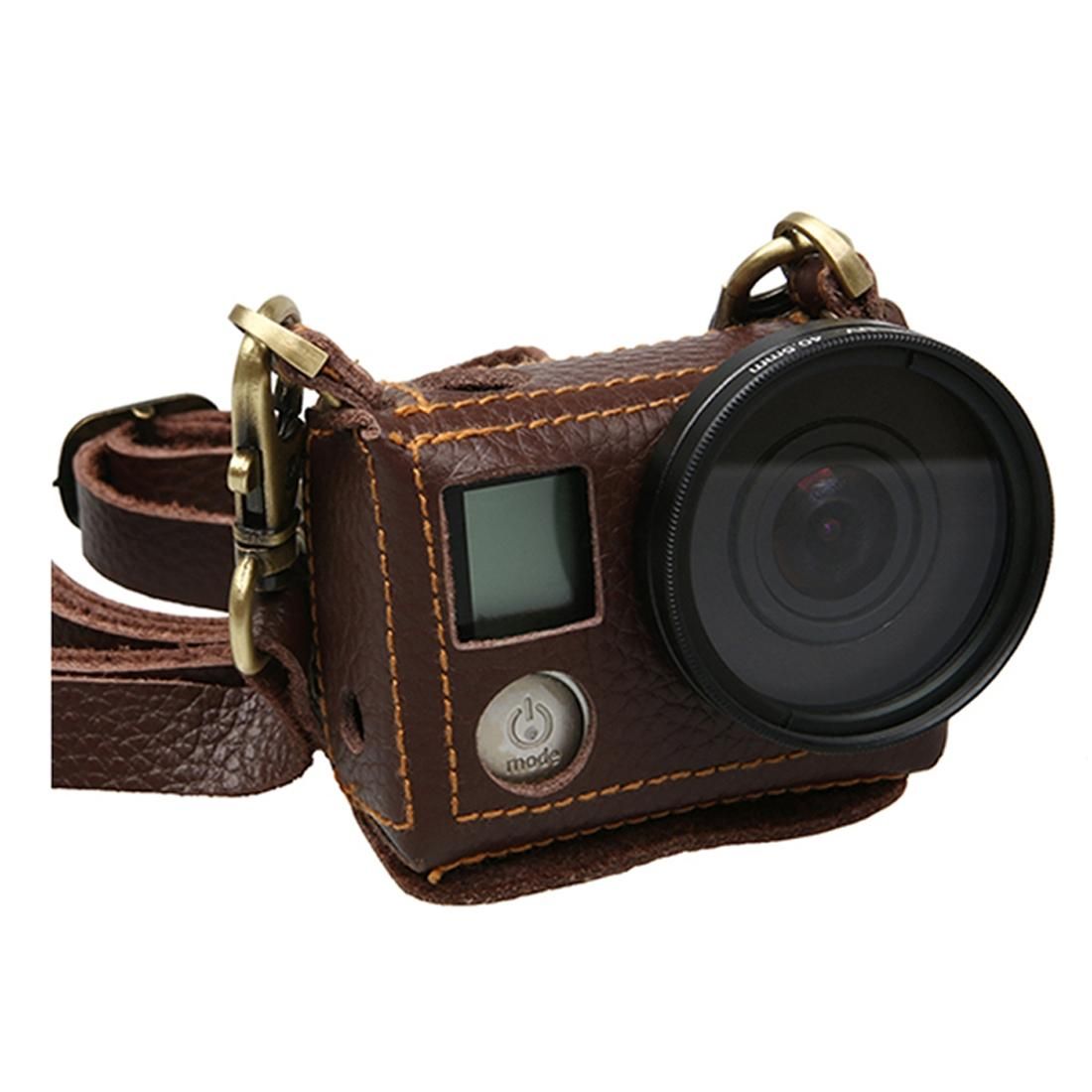 For GoPro HERO4 Litchi Texture Genuine Leather Protective Case with Sling (Brown)