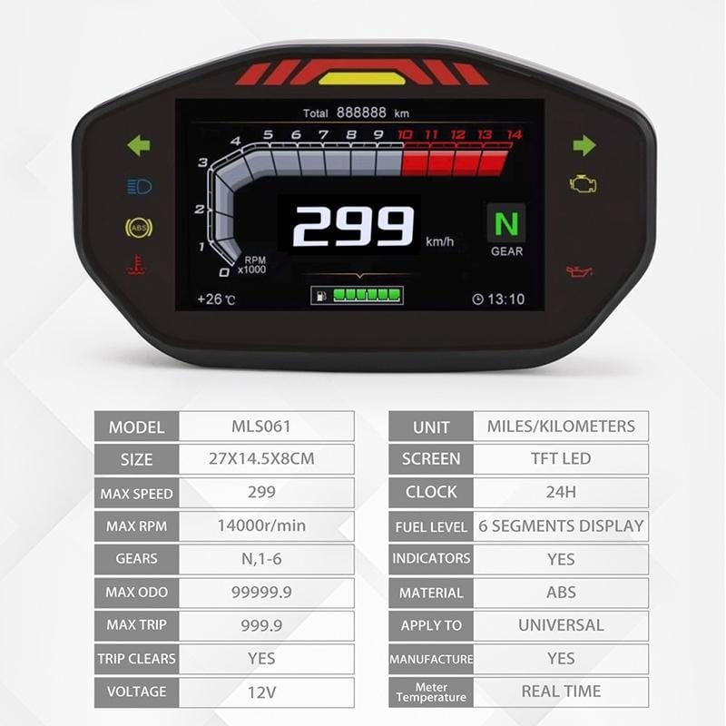 Speedpark Motorcycle LCD TFT Digital Speedometer 14000RPM Backlight Motorcycle Odometer for 1,2,4 Cylinders Meter