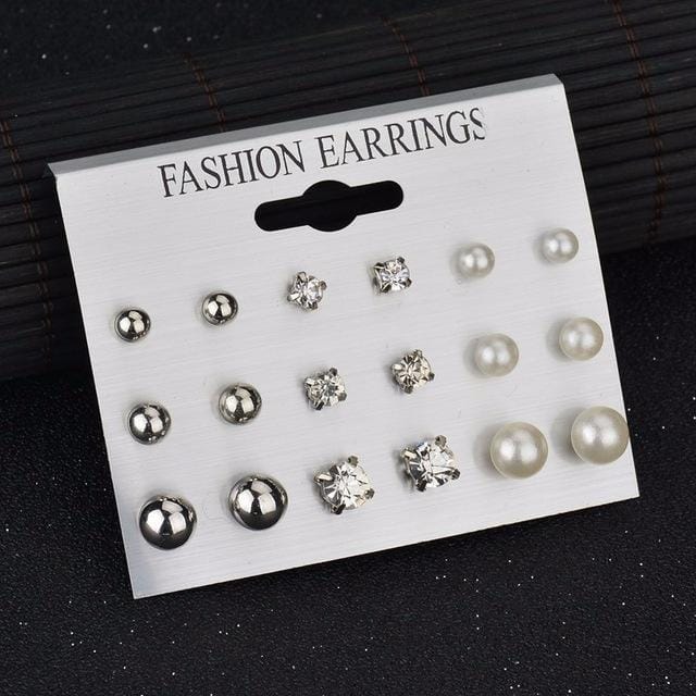 Square Crystal Stud Earrings Pearl Flower Earrings Set for Women (Mixed Silver)