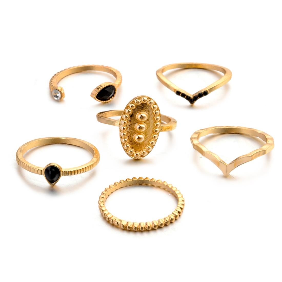 6 PCS Women Bohemian Simple Fashion Embossing Waterdrop With Diamond Rings Set Jewelry (Gold)