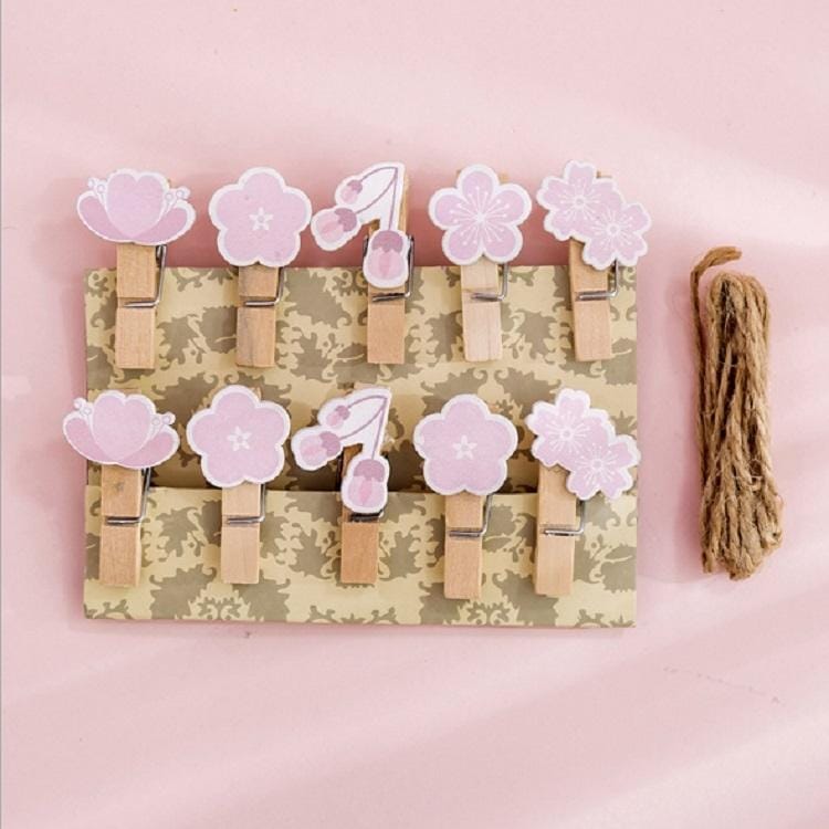 2 PCS Cartoon Hanging Photo Wall Decoration Hemp Rope Creative Colorful Wooden Clip (Cherry Blossoms)