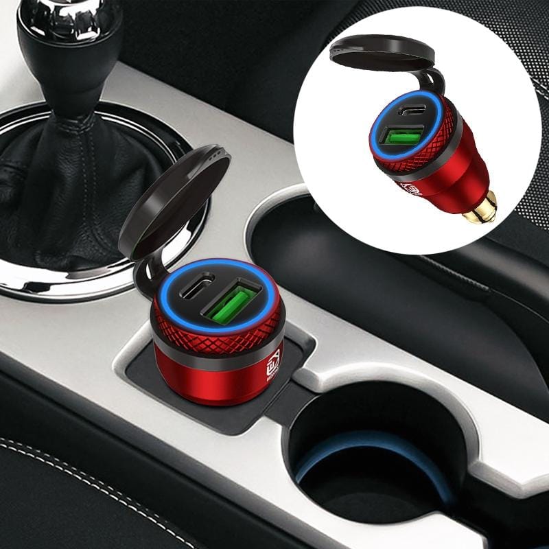 Motorcycle European-style Small-caliber Aluminum Alloy QC 3.0 + PD Fast Charge USB Charger, Shell Color:Red (Blue Light)