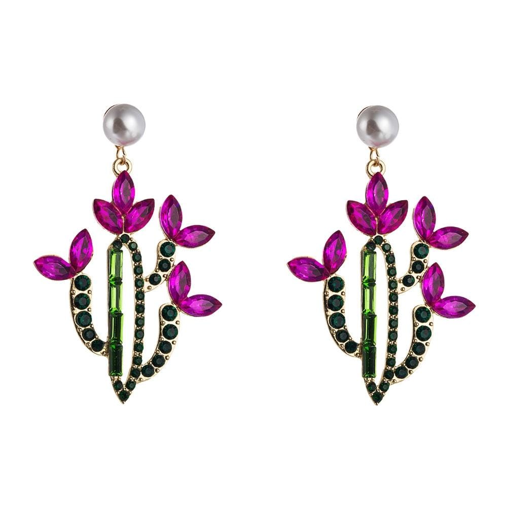 2 PCS Cactus Alloy Retro Earrings With Colored Rhinestones (Rose Red)