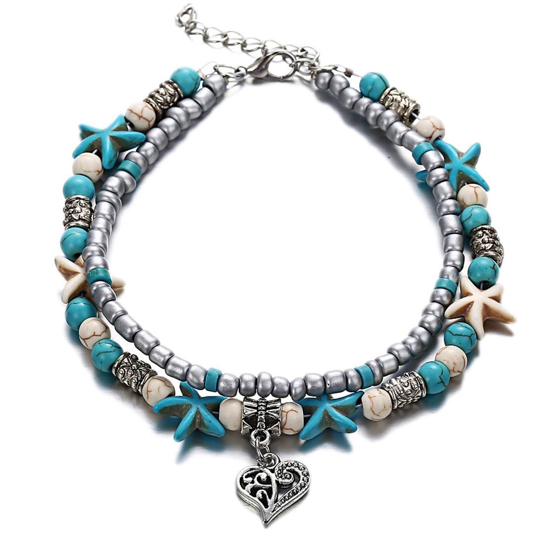 Vintage Shell Starfish Sea Beads Turquoise Beads Anklets Dual-Layer Anklet  Bracelets (Heart)