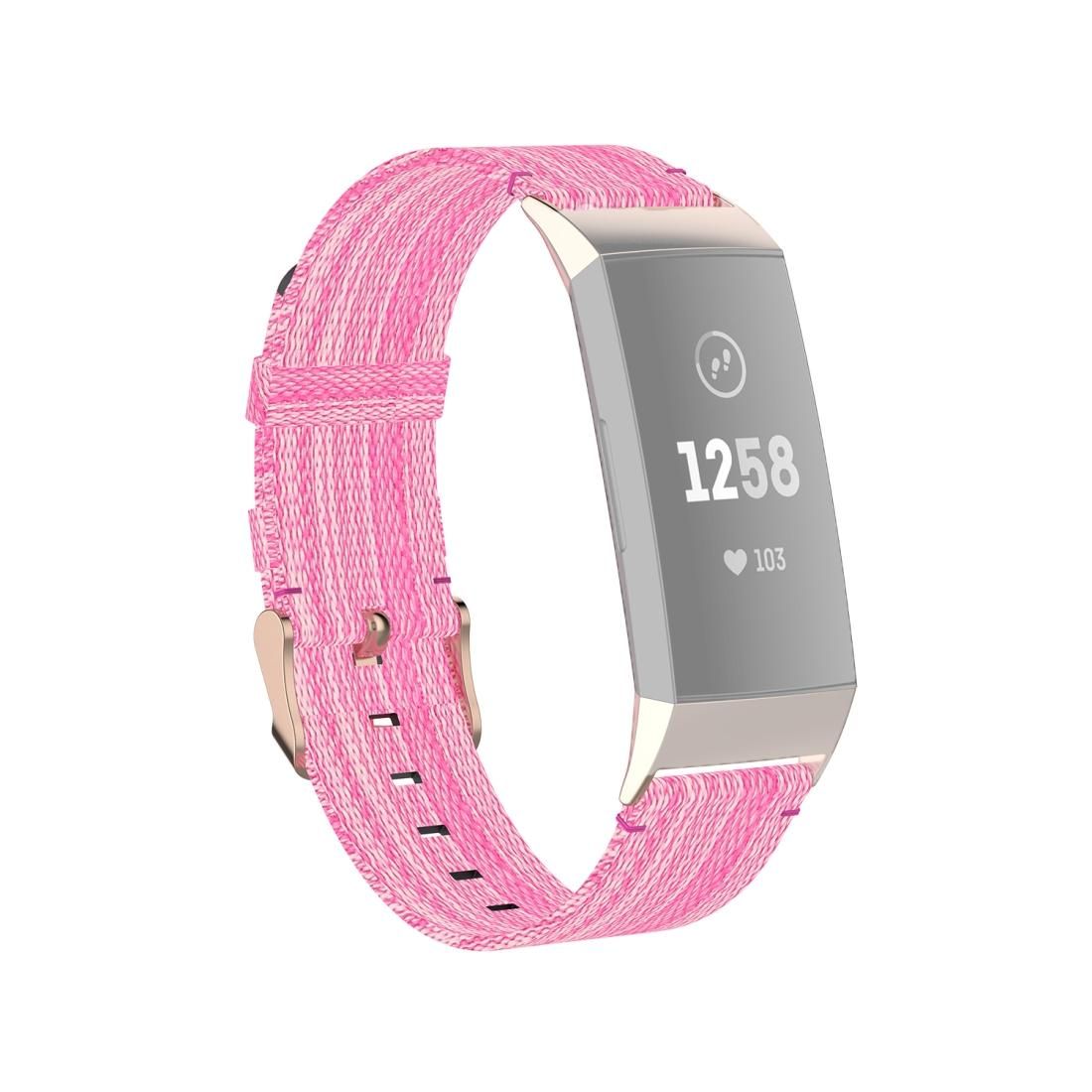 For Fitbit Charge 4 / Charge 3 / Charge 3 SE Stainless Steel Head Grain Nylon Denim Replacement Strap Watchband (Pink)