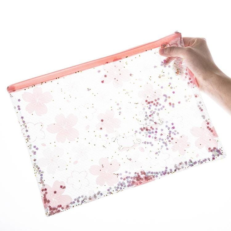 3 PCS Cat in Sakura Sequins Mesh Bag Folder, Color:B5