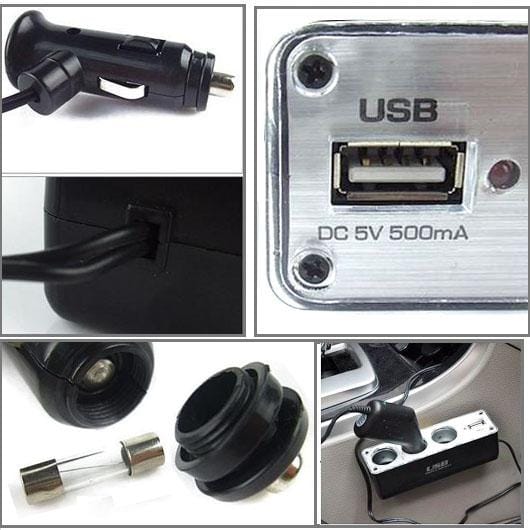 3 Triple Socket 12V/24V Car Cigarette Lighter USB Power (Black)