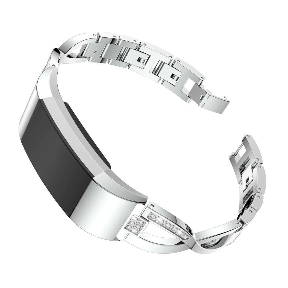 X-shaped Diamond-studded Solid Stainless Steel Wrist Strap Watch Band for Fitbit Charge 2 (Silver)