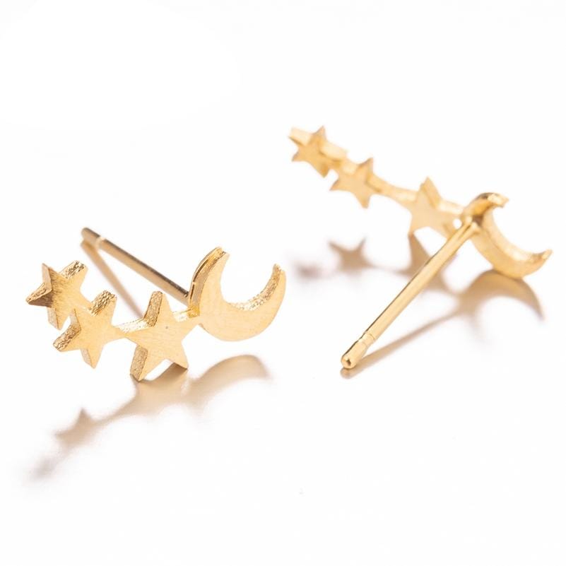 Simple Moon Star Stud Earrings for Women Birthday Gift Jewelry (Gold)