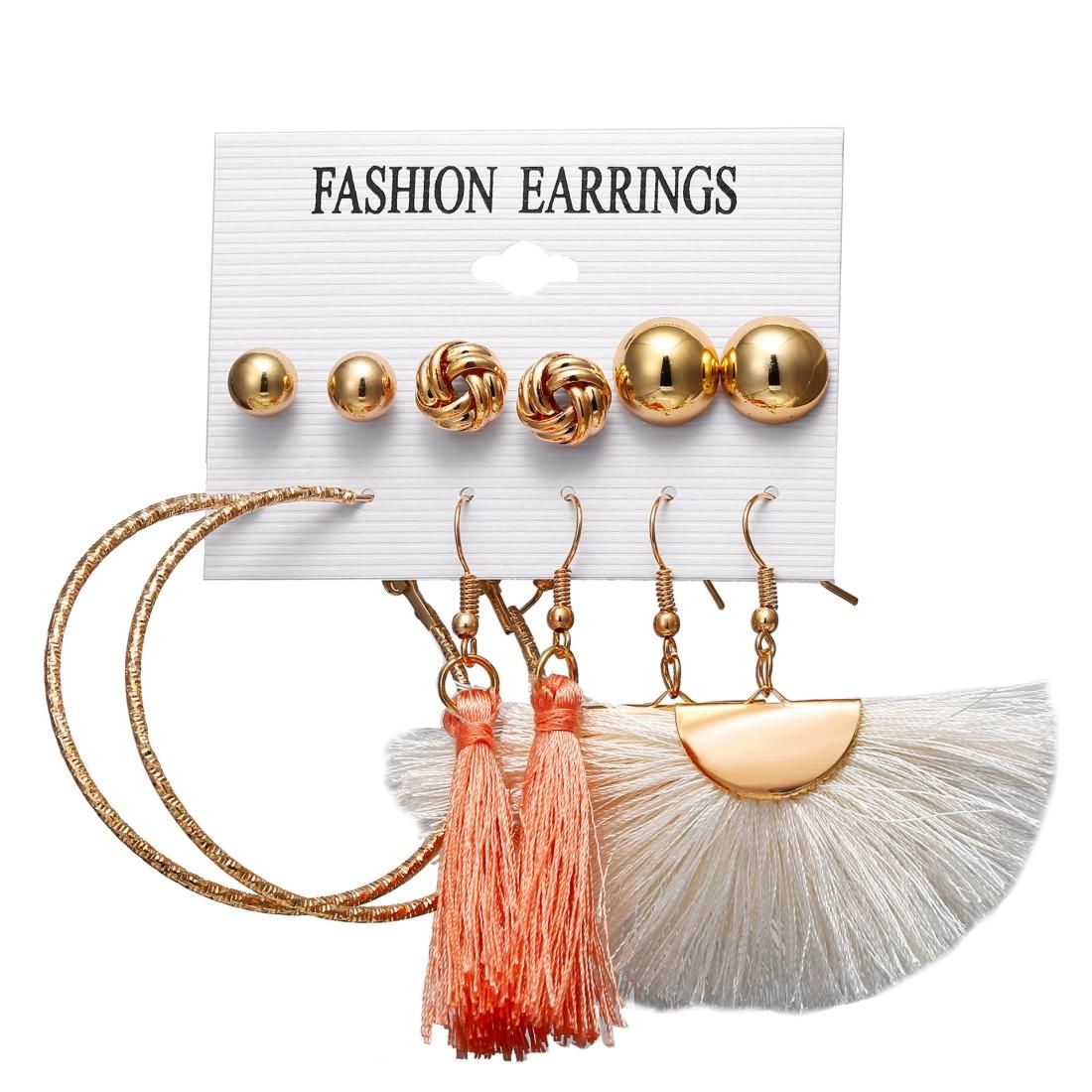 Women Long Tassel Stud Earrings Set Bohemian Flower Heart Earring (B11-02-05)