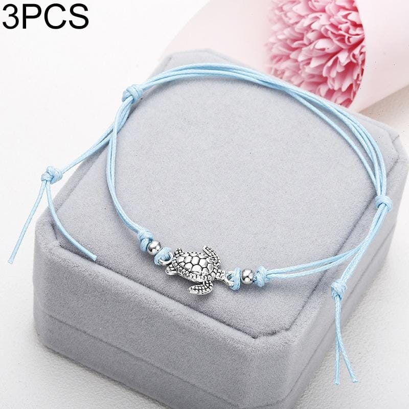 3 PCS Summer Beach Turtle Shaped Charm Rope String Anklets Women Ankle Bracelet (Blue)