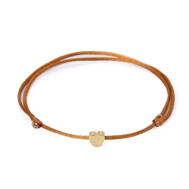 Handmade Rope Adjustable String Lucky Heart Bracelet (Brown-gold)