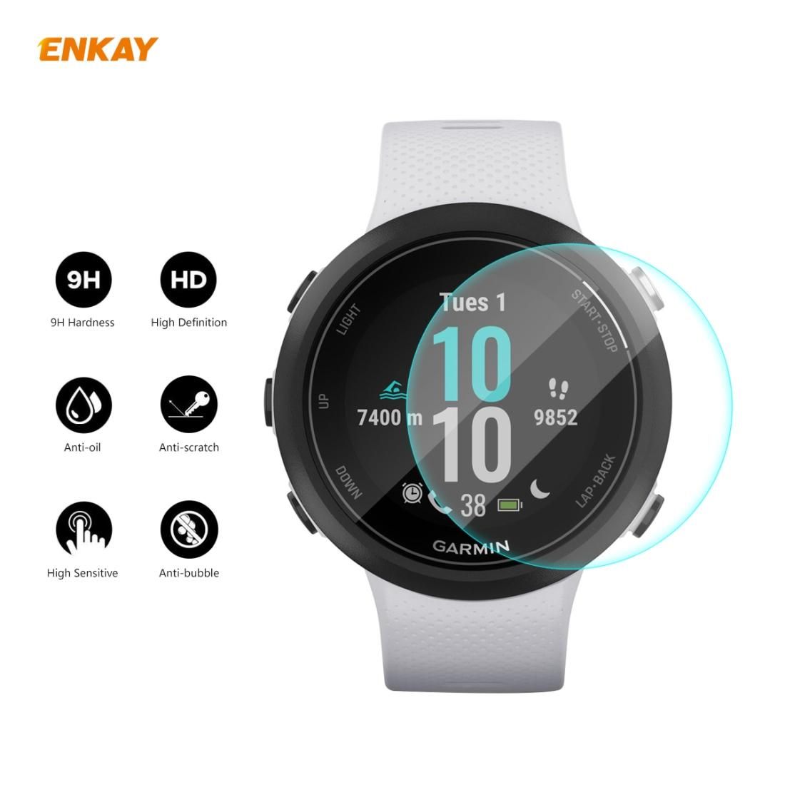 For Garmin Swim 2 2 PCS ENKAY Hat-Prince 0.2mm 9H 2.15D Curved Edge Tempered Glass Screen Protector Watch Film