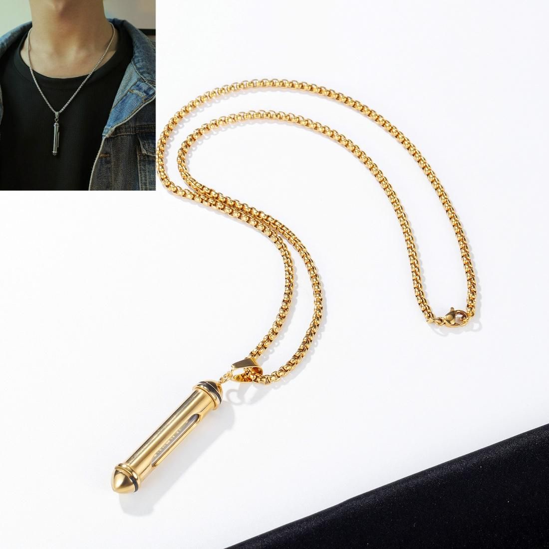 OPK 1573 Men Classic Cylindrical Openable Perfume Bottle Pendant Necklace, Style:Pendant+Chain, Color:Gold