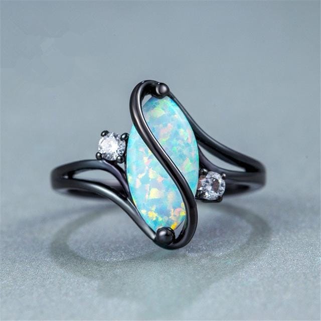 S Shape Opal Stone Black Color Rings Fashion Jewelry For Women, Ring Size:8 (Black)