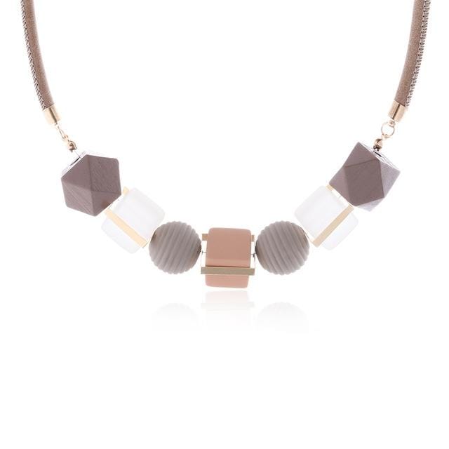 Fashion Coloured Wood Geometric Pendant Necklace (PINK)
