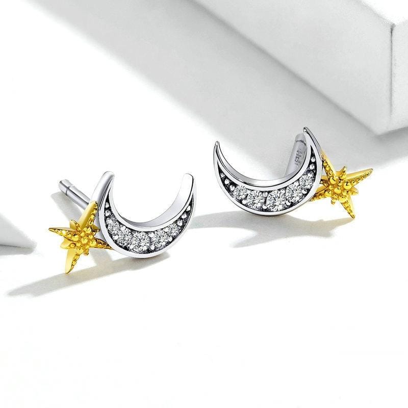 Gold-plated S925 Sterling Silver Star Moon Girls Earrings