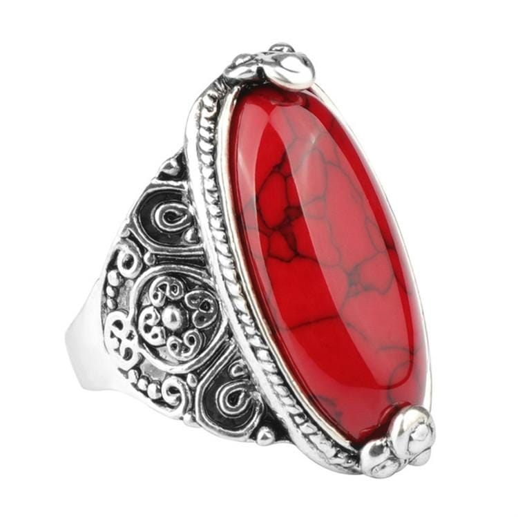 Fashion Vintage Oval Turquoise Flower Ring Women Antique Silver Jewelry, Ring Size:8 (Red)
