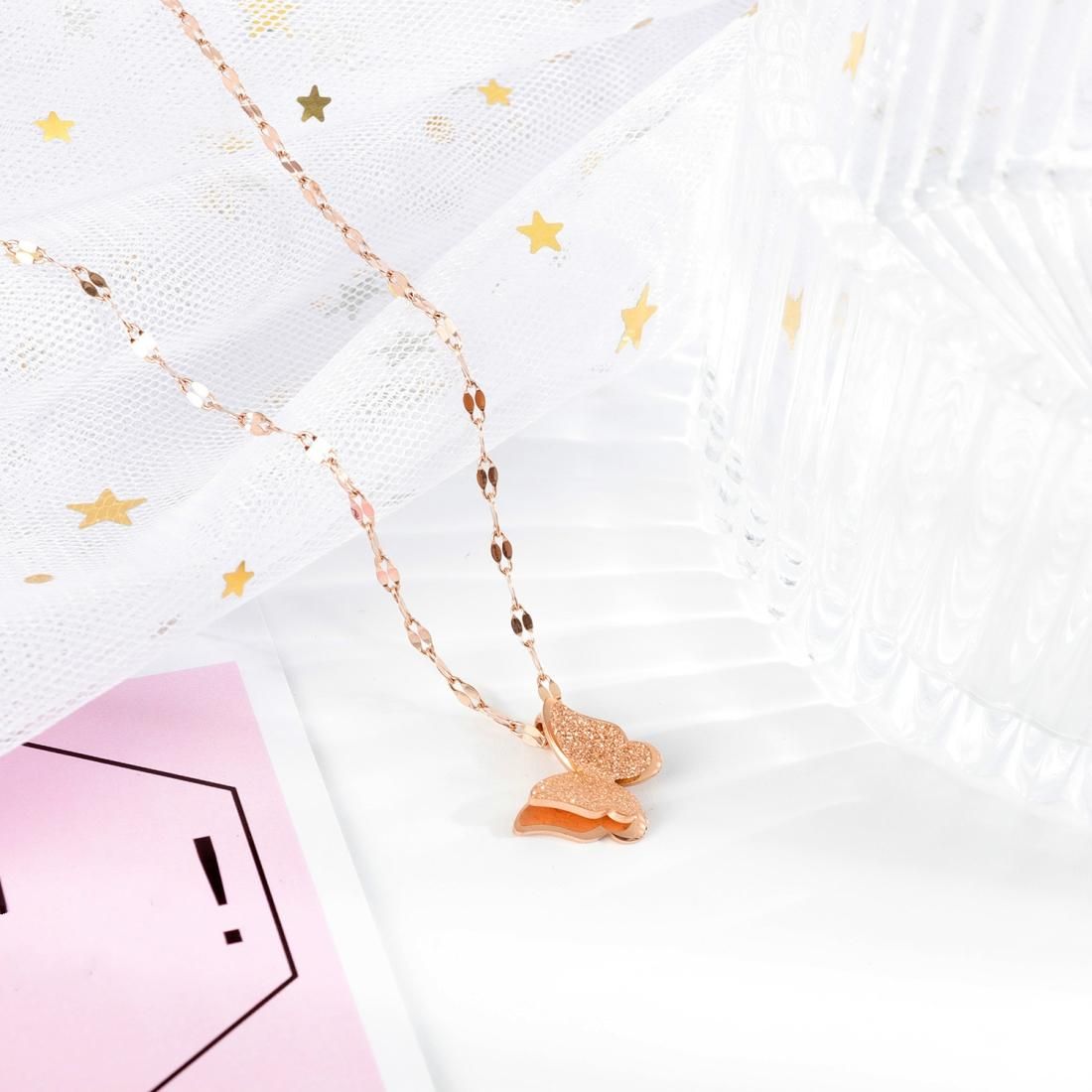 OPK 1665 Double Layer Frosted Butterfly Pendant Clavicle Chain