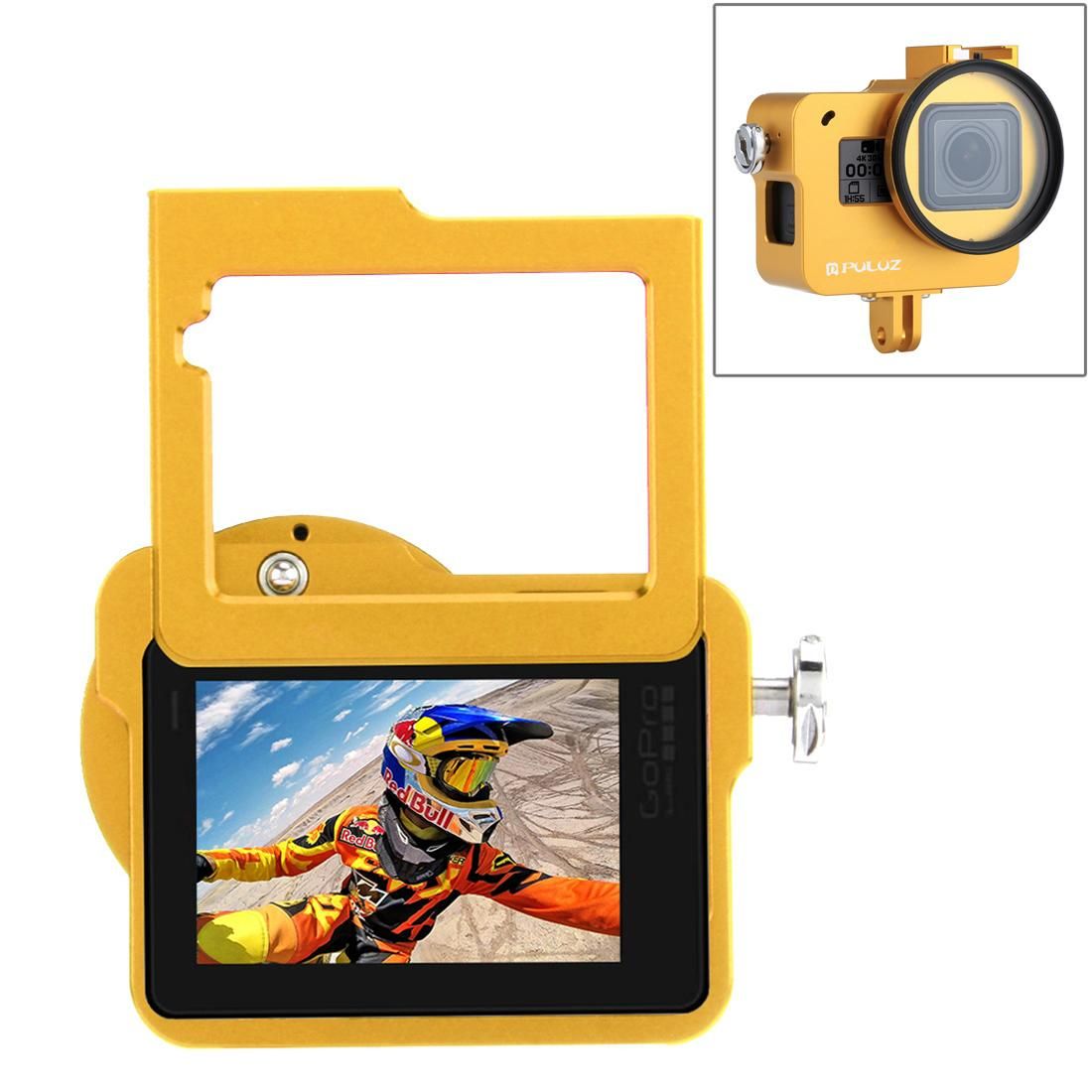 PULUZ Housing Shell CNC Aluminum Alloy Protective Cage with Insurance Frame & 52mm UV Lens for GoPro HERO /7 Black /6 /5 (Gold)