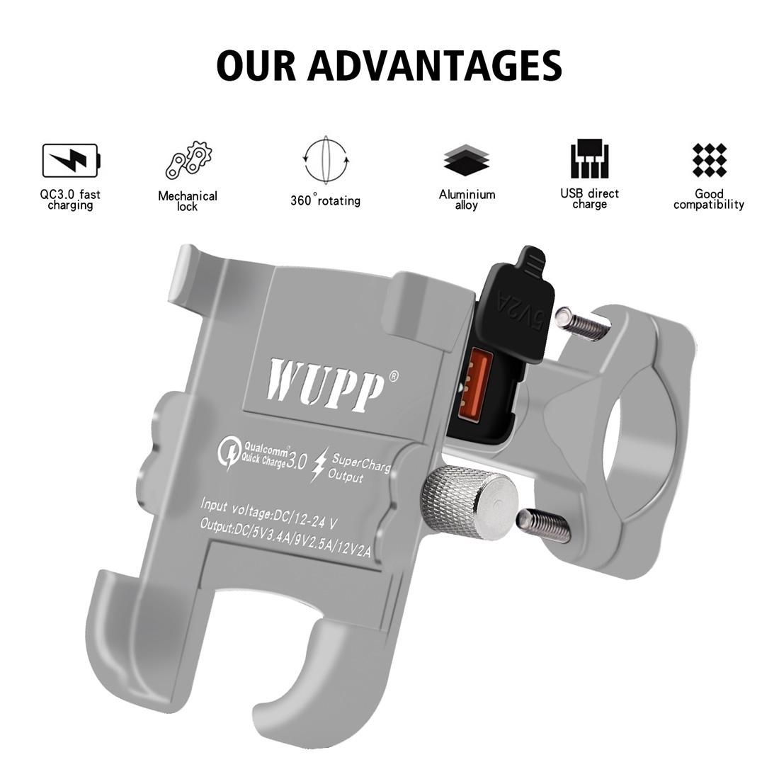 WUPP Motorcycle Waterproof QC 3.0 USB Port Fast Charger Adapter Aluminum Alloy Handlebar Mount with Switch (Silver)