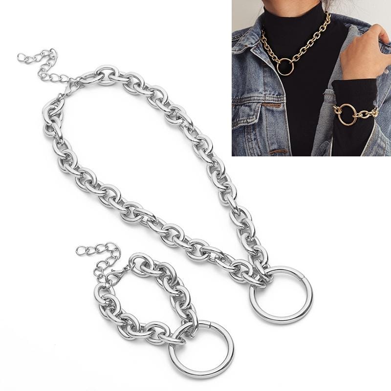 Vintage Punk Metal Circle Simple Necklace Jewelry Sets (Silver Set)