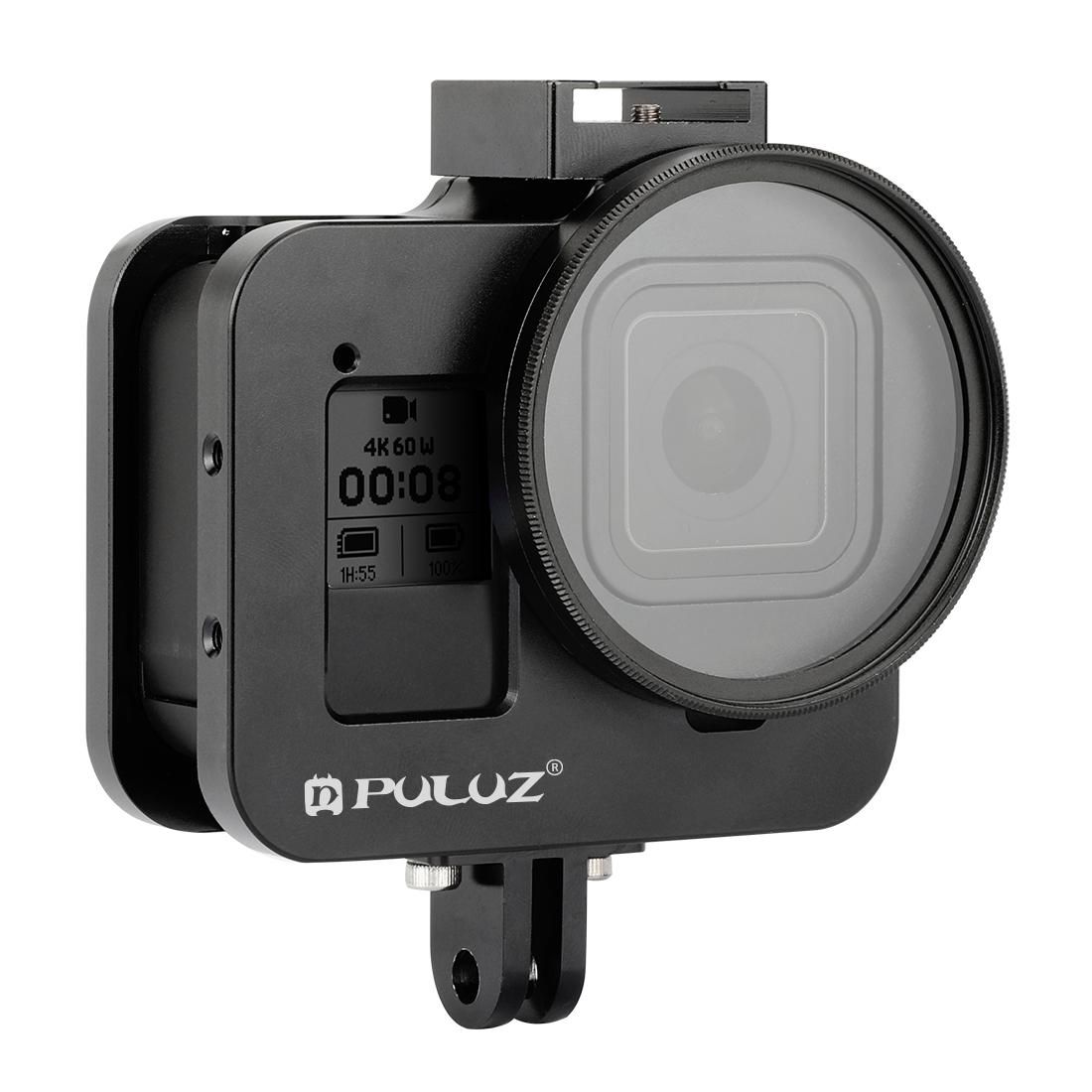 PULUZ Housing Shell CNC Aluminum Alloy Protective Cage with Insurance Frame & 52mm UV Lens for GoPro HERO8 Black (Black)